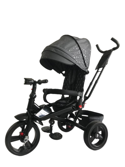 Tricicleta  plus 8 luni evolutiva, cu pozitie de somn, scaun rotativ si muzica distractiva, culoare GRI STEA,