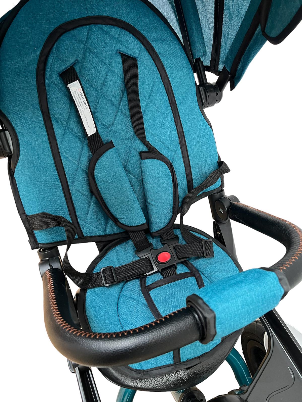 Tricicleta L-Sun SL03, cu pozitie de somn, scaun rotativ si muzica distractiva,roti cauciuc, culoare TURCOAZ,