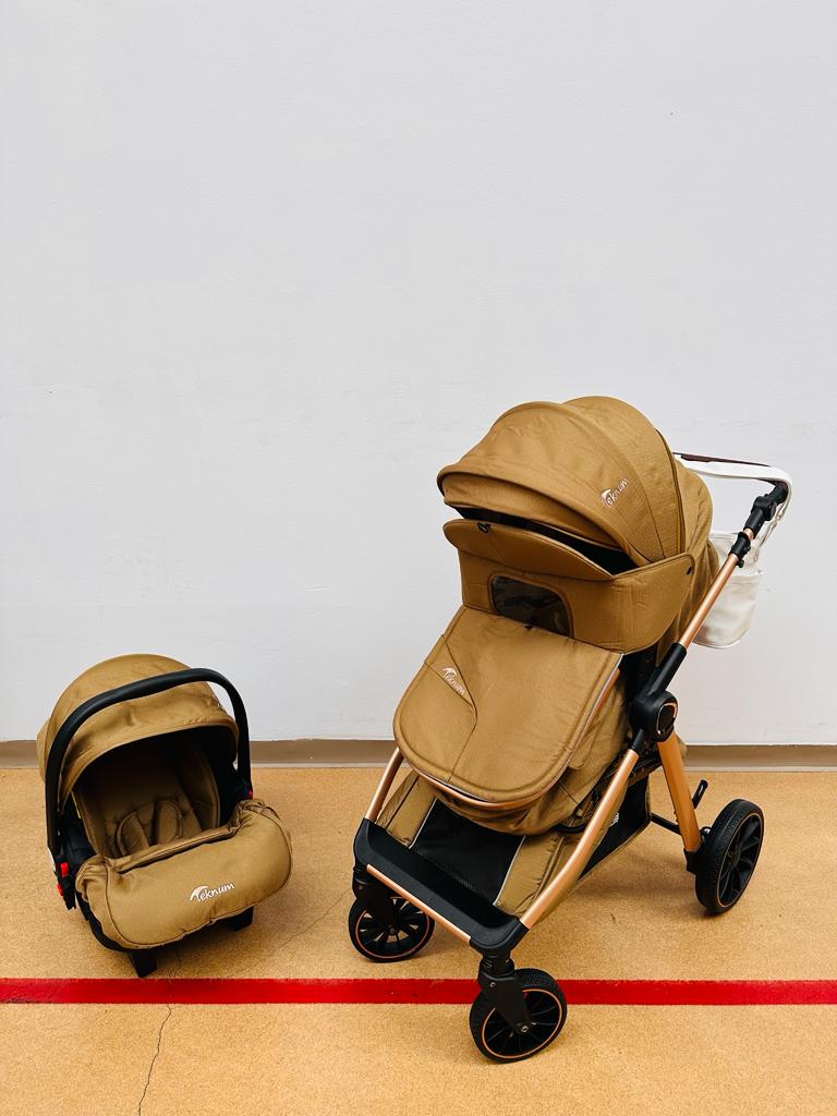 Carucior Teknum Baby, model 3 in 1, 0-36 luni,  reversibil, cu pliere compacta, culoare BEJ,