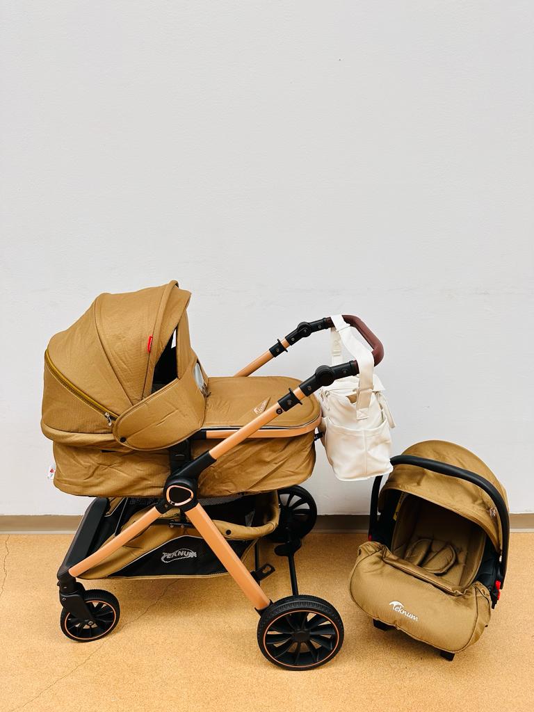 Carucior Teknum Baby, model 3 in 1, 0-36 luni,  reversibil, cu pliere compacta, culoare BEJ,