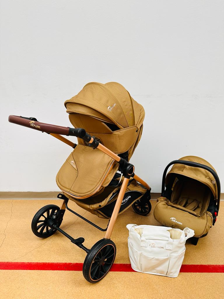 Carucior Teknum Baby, model 3 in 1, 0-36 luni,  reversibil, cu pliere compacta, culoare BEJ,