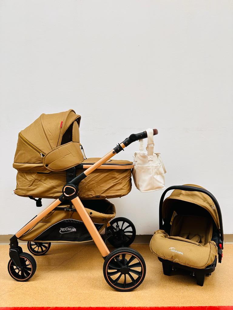 Carucior Teknum Baby, model 3 in 1, 0-36 luni,  reversibil, cu pliere compacta, culoare BEJ,