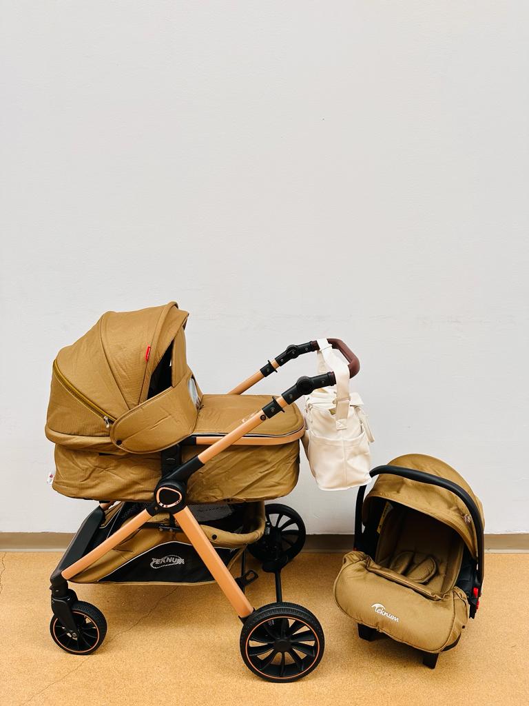 Carucior Teknum Baby, model 3 in 1, 0-36 luni,  reversibil, cu pliere compacta, culoare BEJ,