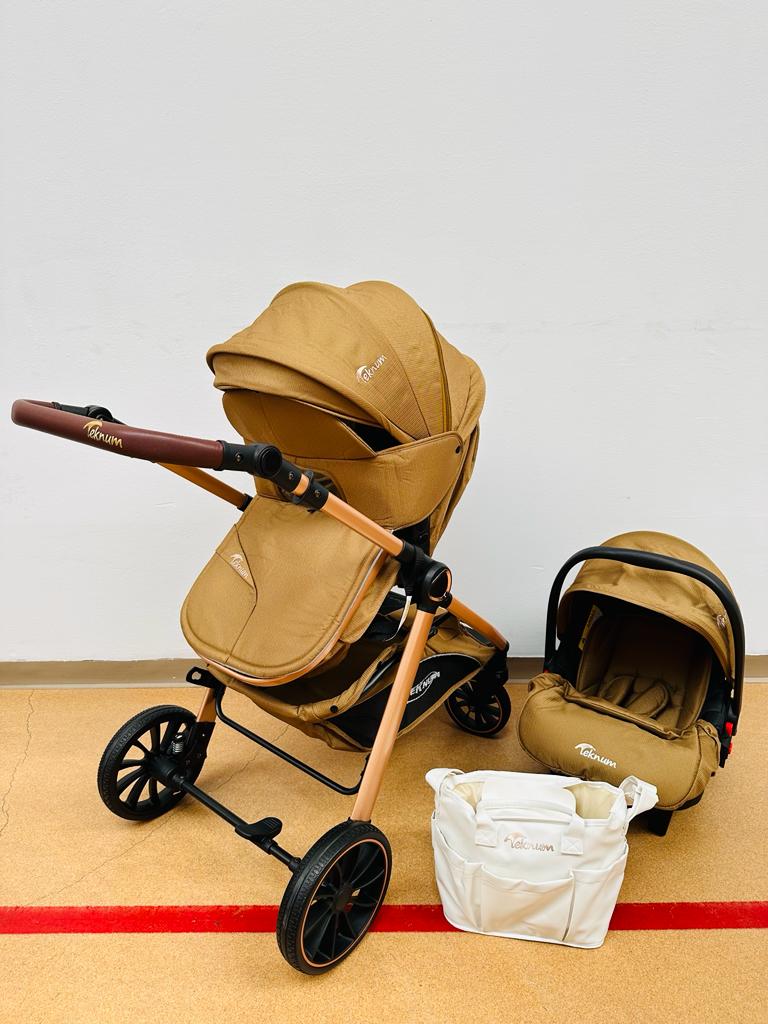 Carucior Teknum Baby, model 3 in 1, 0-36 luni,  reversibil, cu pliere compacta, culoare BEJ,