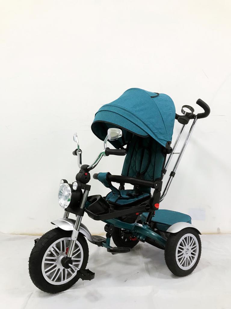 Tricicleta L-Sun SL03, cu pozitie de somn, scaun rotativ si muzica distractiva,roti cauciuc, culoare TURCOAZ,