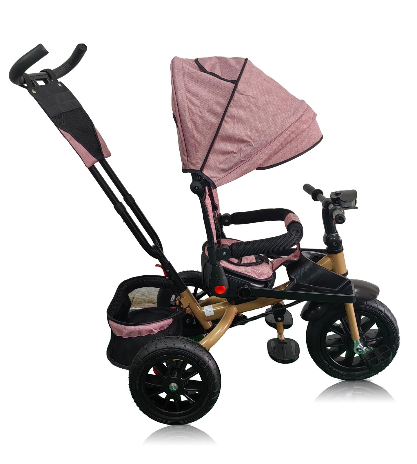 Tricicleta roti cauciuc plin, cu pozitie somn, scaun rotativ, muzica si lumini, culoare ROZ PAL