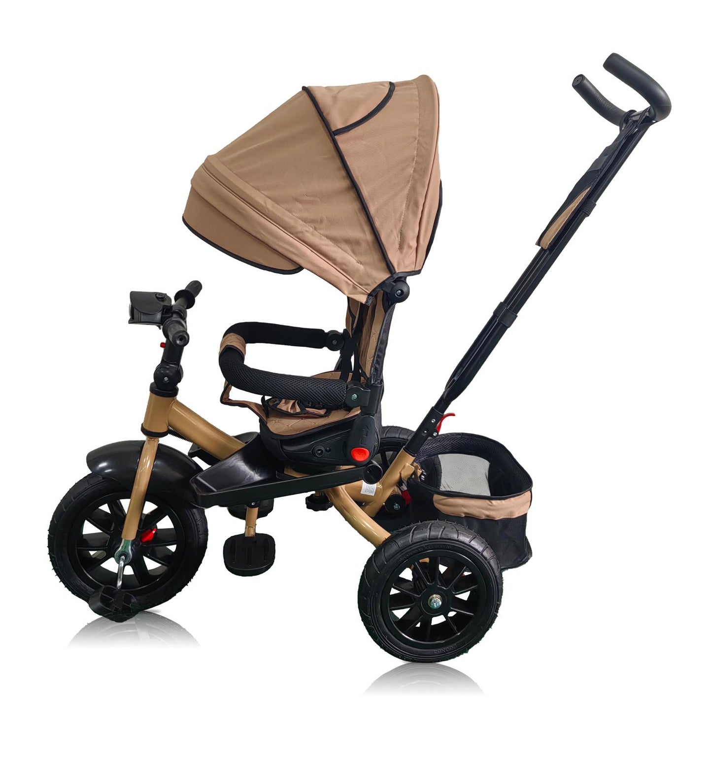 Tricicleta roti cauciuc plin, cu pozitie somn, scaun rotativ, muzica si lumini,culoare BEJ CADRUL AURIU