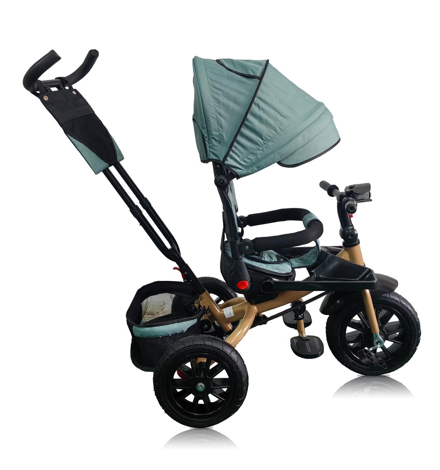 Tricicleta roti cauciuc plin, cu pozitie somn, scaun rotativ, muzica si lumini,culoare VERDE CADRUL AURIU
