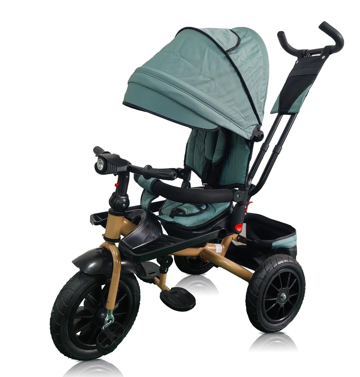 Tricicleta roti cauciuc plin, cu pozitie somn, scaun rotativ, muzica si lumini,culoare VERDE CADRUL AURIU