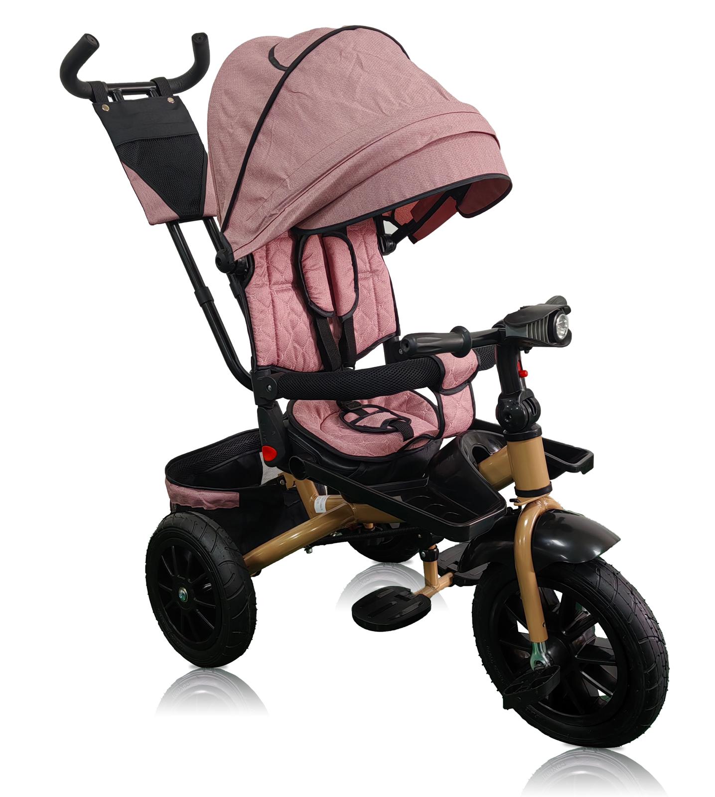 Tricicleta roti cauciuc plin, cu pozitie somn, scaun rotativ, muzica si lumini, culoare ROZ PAL