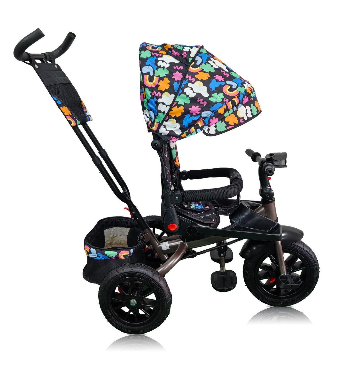 Tricicleta roti cauciuc plin, cu pozitie somn, scaun rotativ, muzica si lumini,culoare CURCUBEU