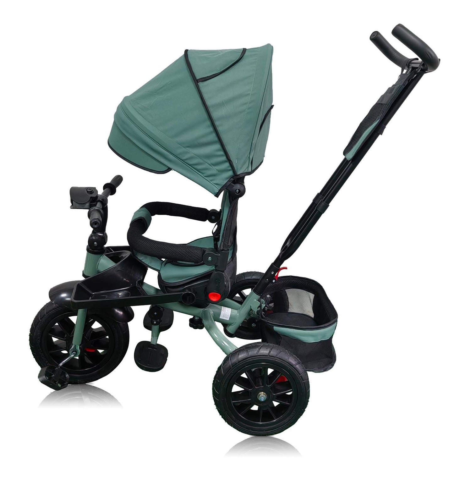 Tricicleta roti cauciuc plin, cu pozitie somn, scaun rotativ, muzica si lumini,culoare VERDE CADRUL VERDE