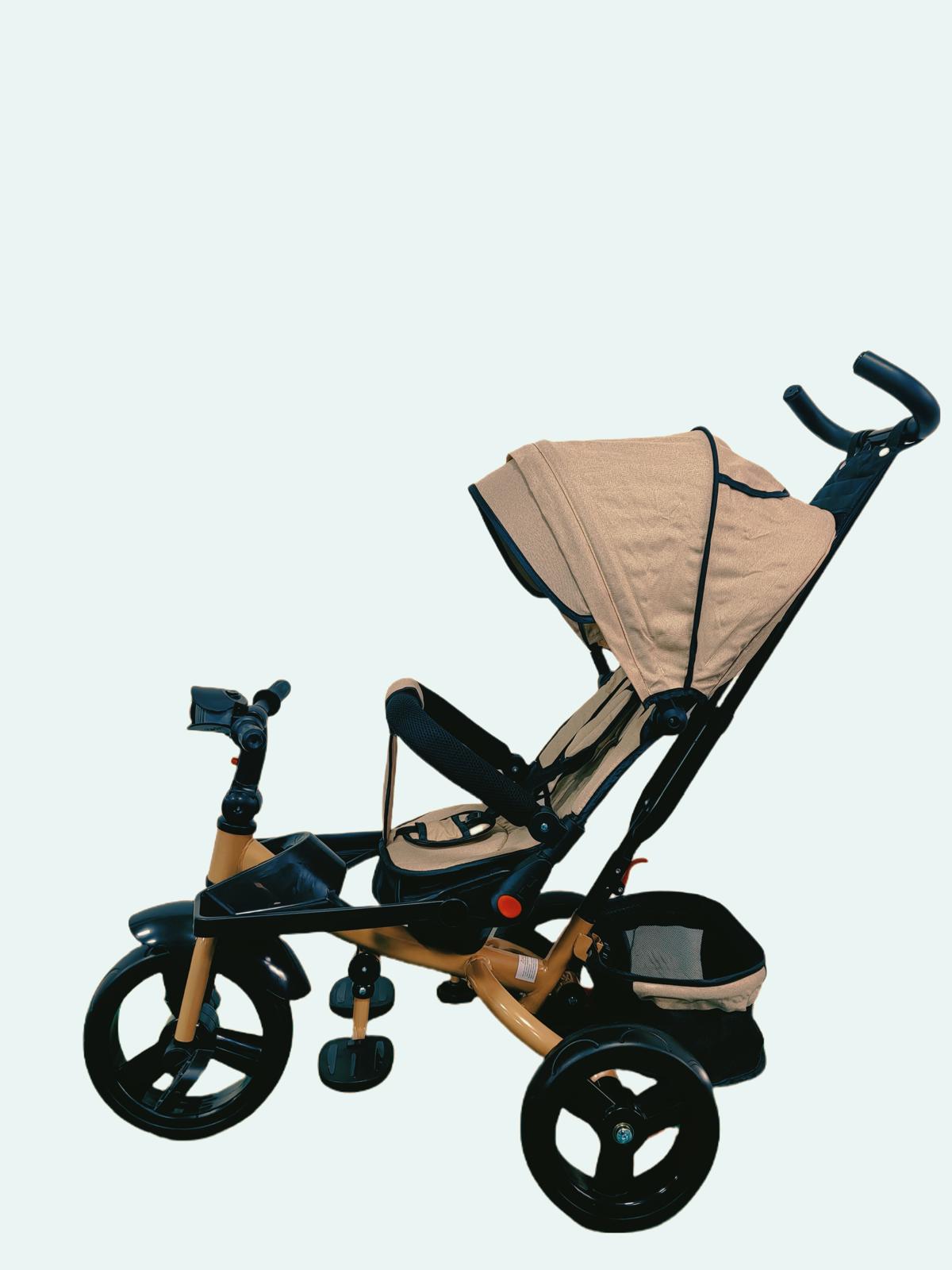 Tricicleta cu pozitie de somn, scaun rotativ si muzica distractiva, Bej, Cadrul auriu