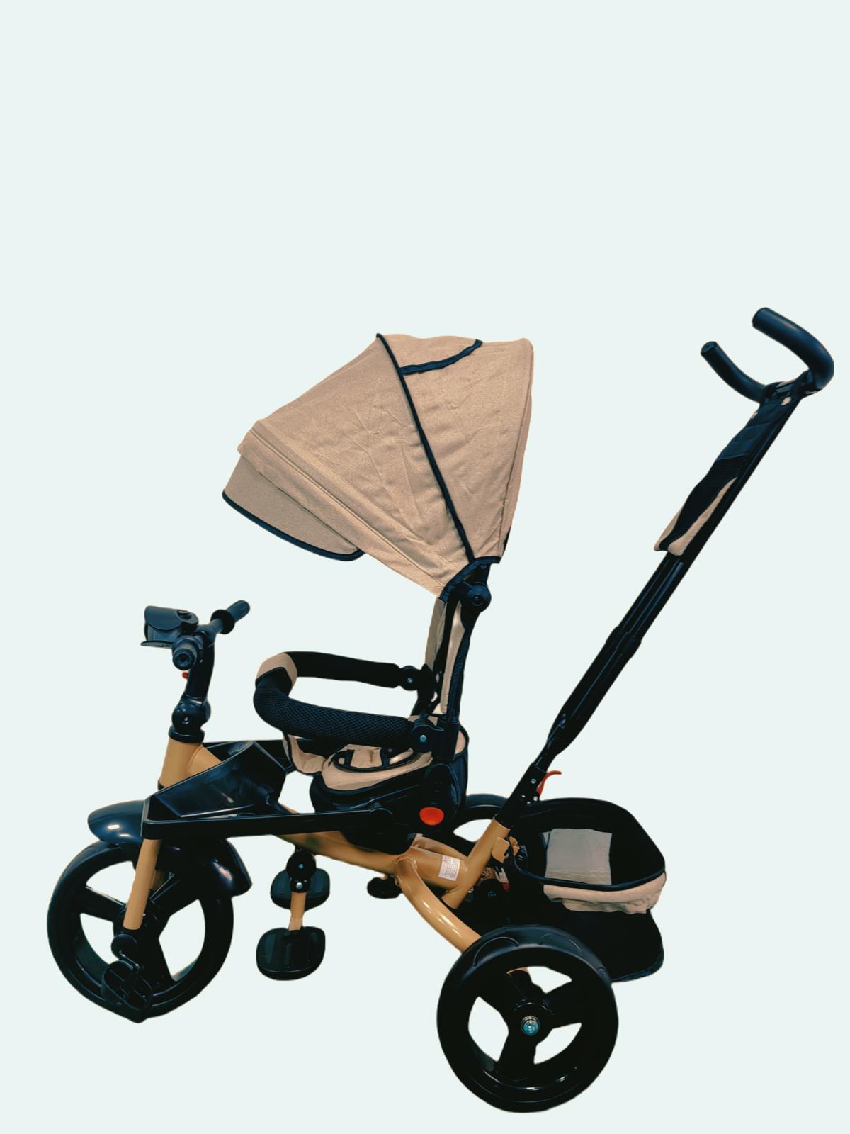 Tricicleta cu pozitie de somn, scaun rotativ si muzica distractiva, Bej, Cadrul auriu
