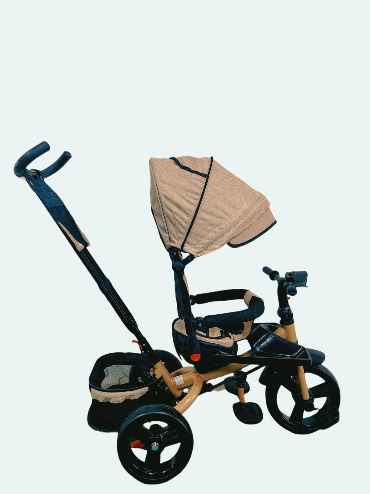 Tricicleta cu pozitie de somn, scaun rotativ si muzica distractiva, Bej, Cadrul auriu