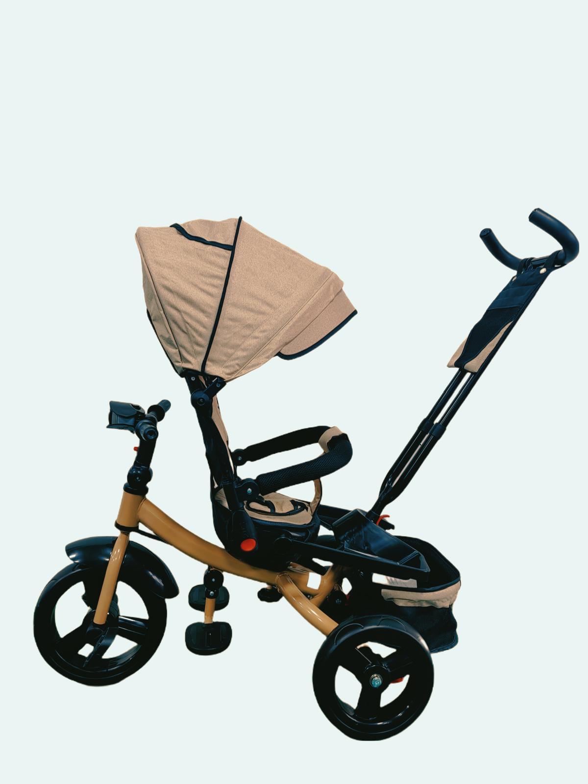 Tricicleta cu pozitie de somn, scaun rotativ si muzica distractiva, Bej, Cadrul auriu