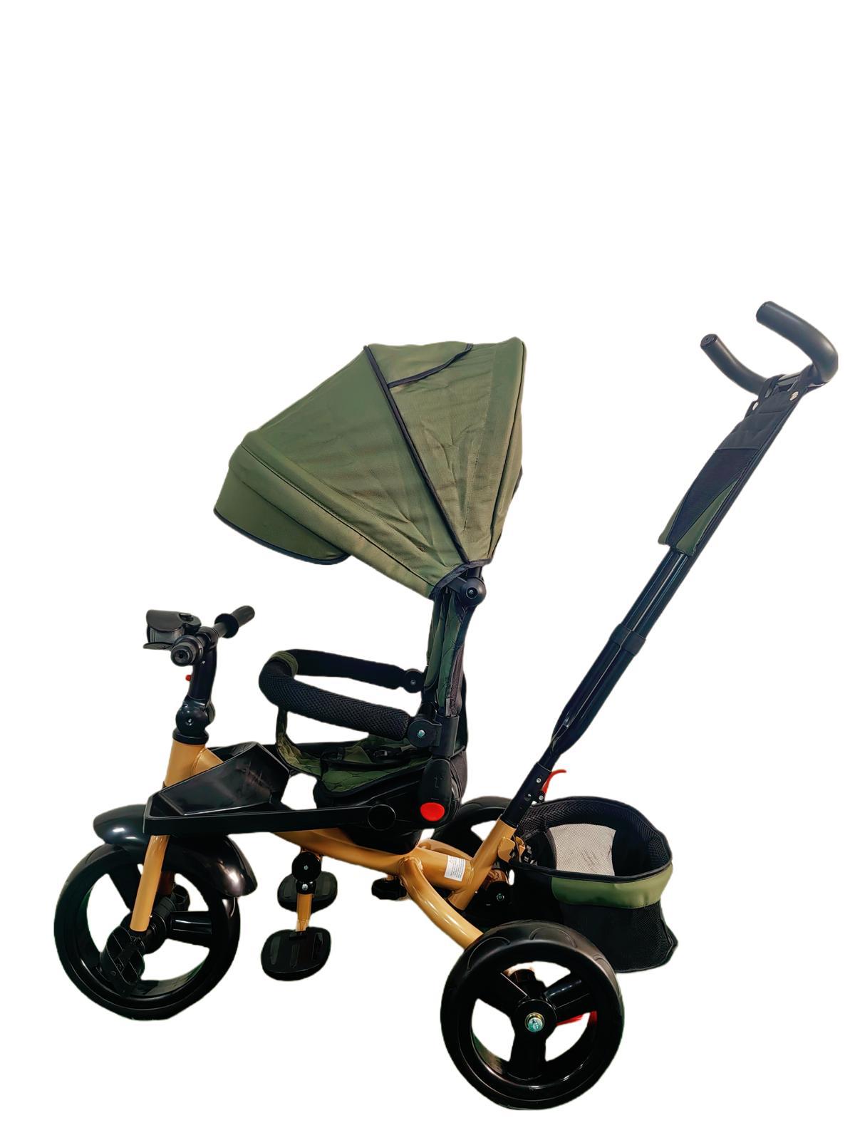 Tricicleta cu pozitie de somn, scaun rotativ si muzica distractiva, Verde Armi, Cadrul Auriu