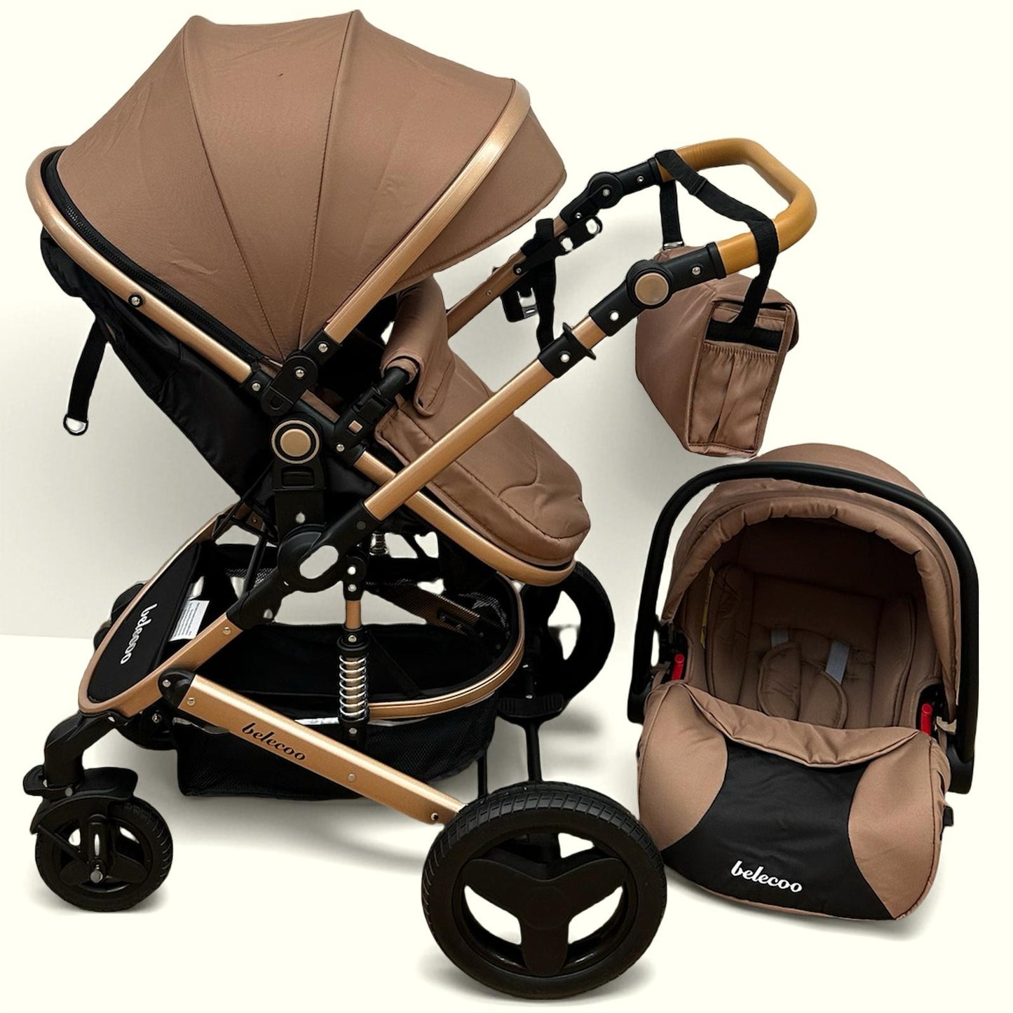 Carucior Belecoo 3 in 1 cu suspensii si roti cauciuc plin, reversibil, accesorizat culoare BEJ