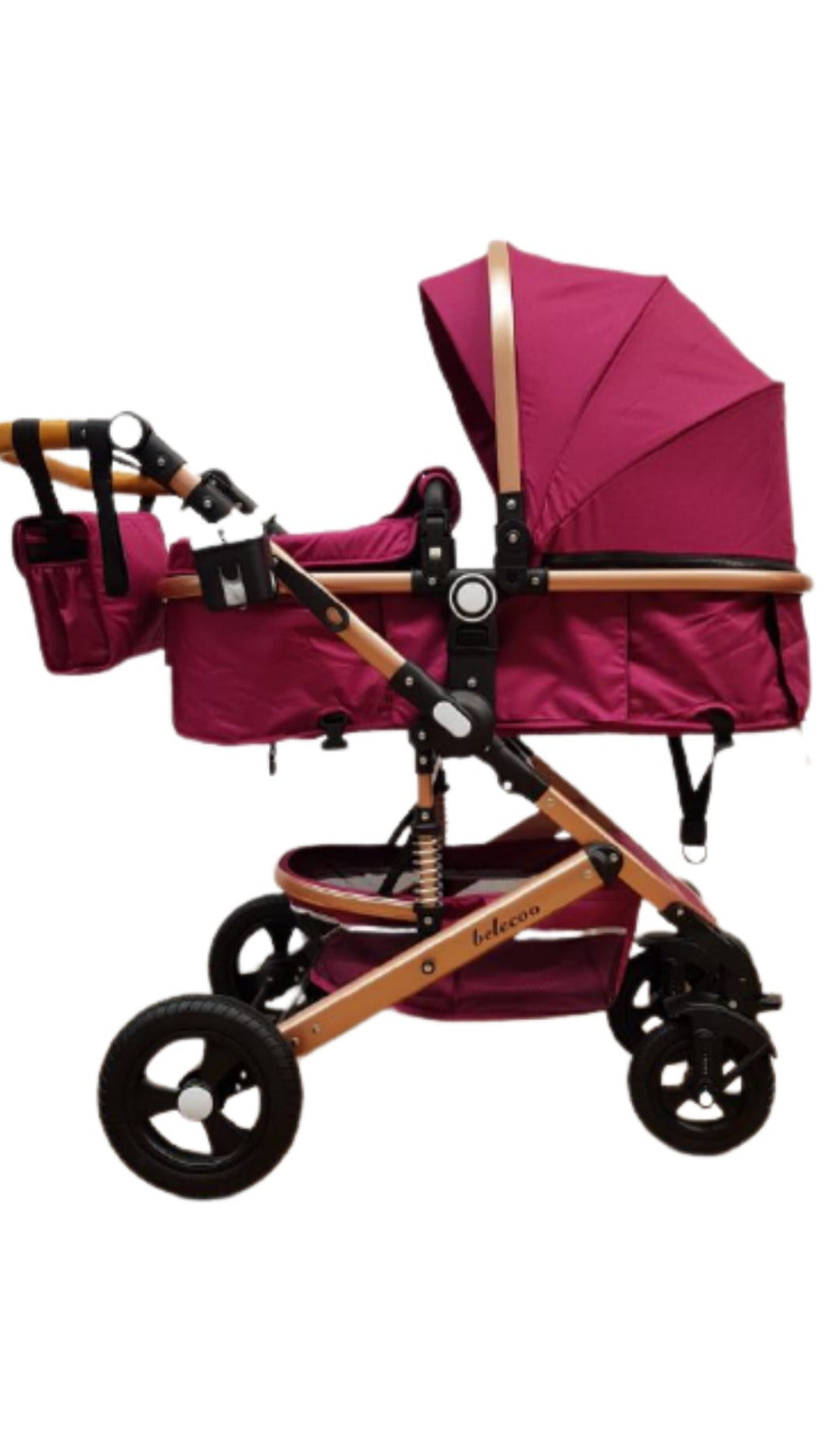 Carucior Belecoo 3 in 1 cu suspensii si roti cauciuc plin, reversibil, accesorizat culoare MOV, BBD530WM