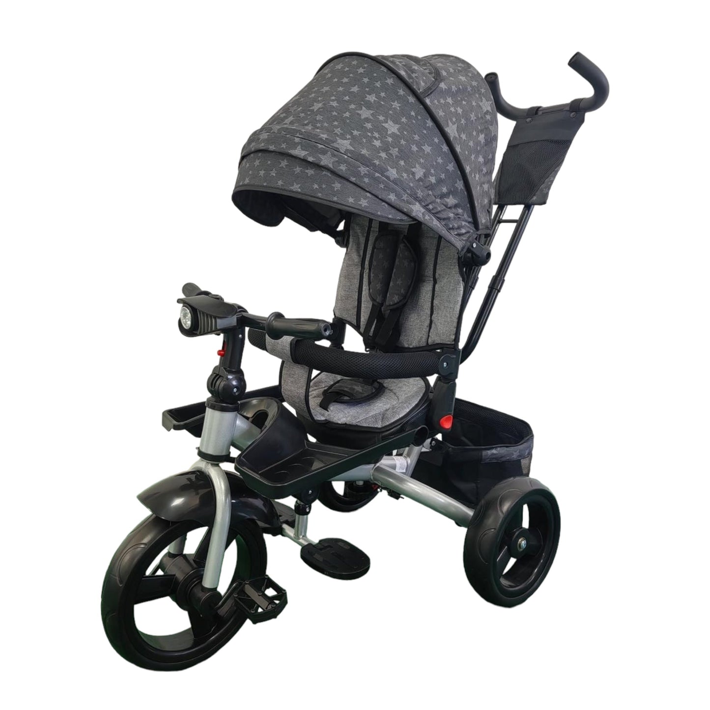 Tricicleta cu pozitie de somn, scaun rotativ si muzica distractiva, GRI CU STELE