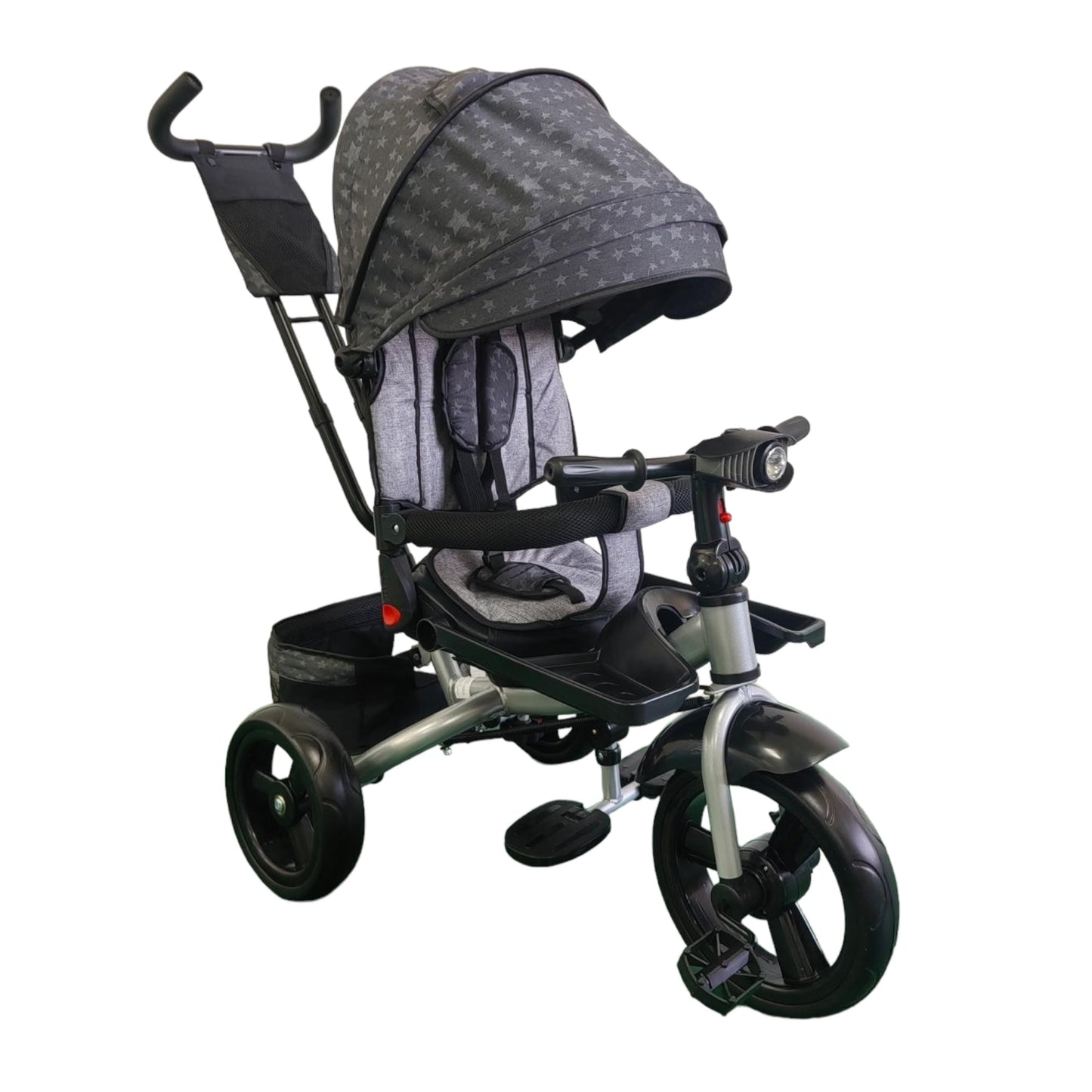 Tricicleta cu pozitie de somn, scaun rotativ si muzica distractiva, GRI CU STELE
