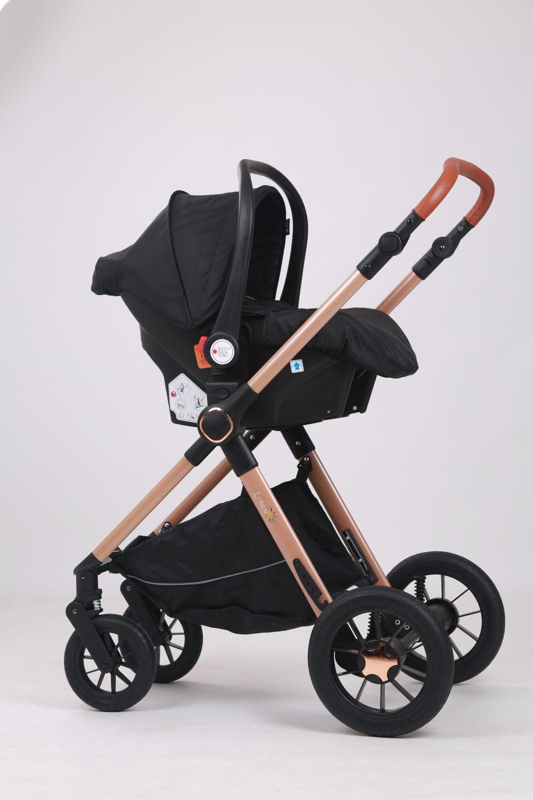Carucior 3 in 1, BBD T5, Transformabil, Maner reversibil, Cadrul aluminiu, Cu landou si salteluta moale, Include saculet de picioare, Geanta pentru parinti, Sustine 22 kg, Negru