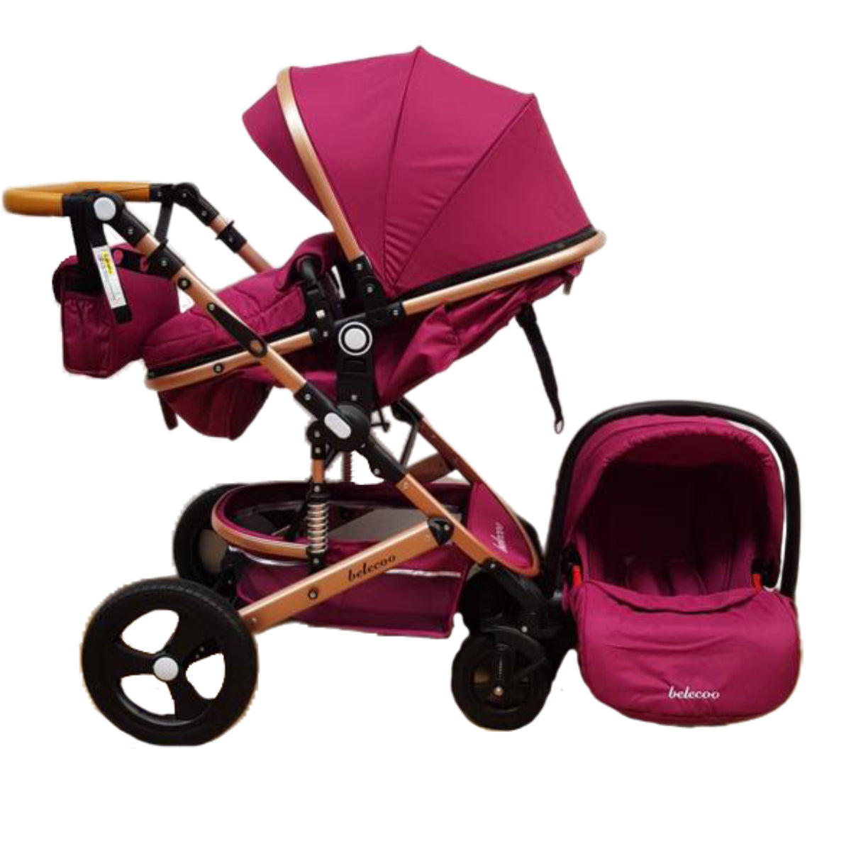 Carucior Belecoo 3 in 1 cu suspensii si roti cauciuc plin, reversibil, accesorizat culoare MOV, BBD530WM