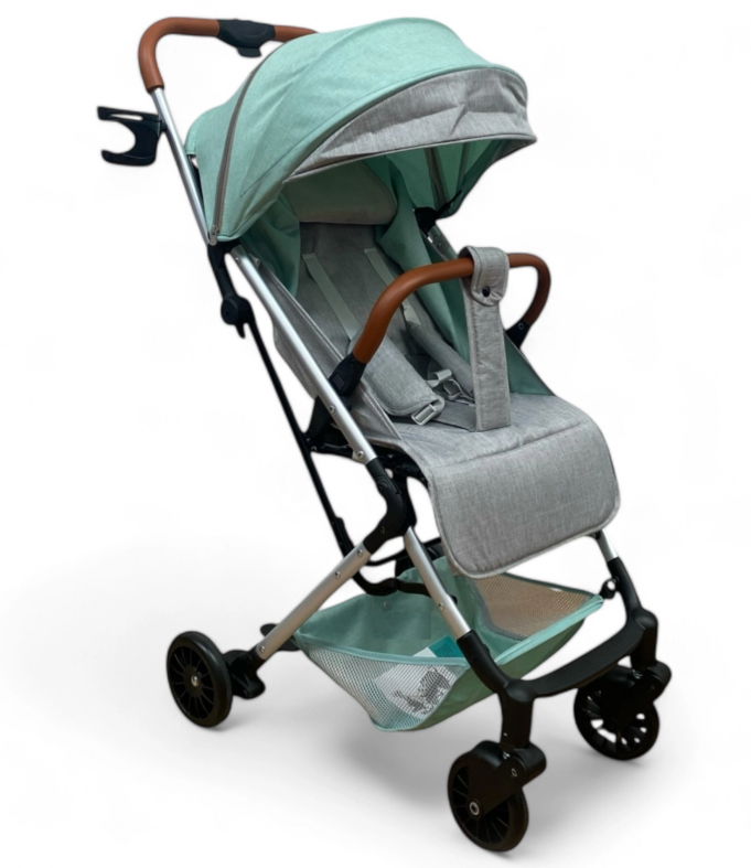 Carucior sport, ultrausor si ultrapliabil, cu pozitie de somn, tip troller, cu accesorii din piele, sarcina maxima 22 Kg, verde menta