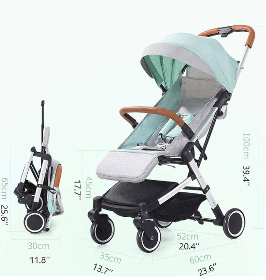 Carucior sport, ultrausor si ultrapliabil, cu pozitie de somn, tip troller, cu accesorii din piele, sarcina maxima 22 Kg, verde menta