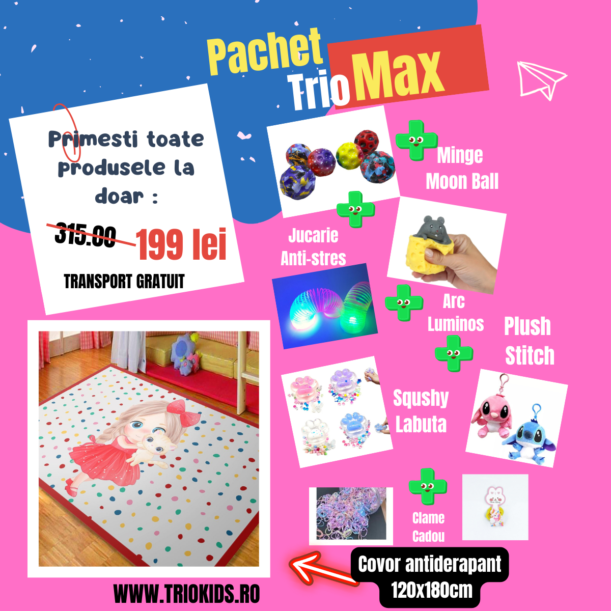Pachet TRIO MAX Covor Fetita, marime 120x180 cm si 5 Jucarii interactive +CADOU