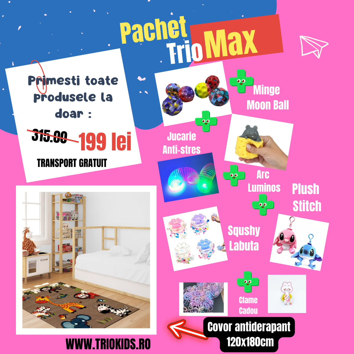 Pachet TRIO MAX Covor Girafa, marime 120x180 cm si 5 Jucarii interactive +CADOU