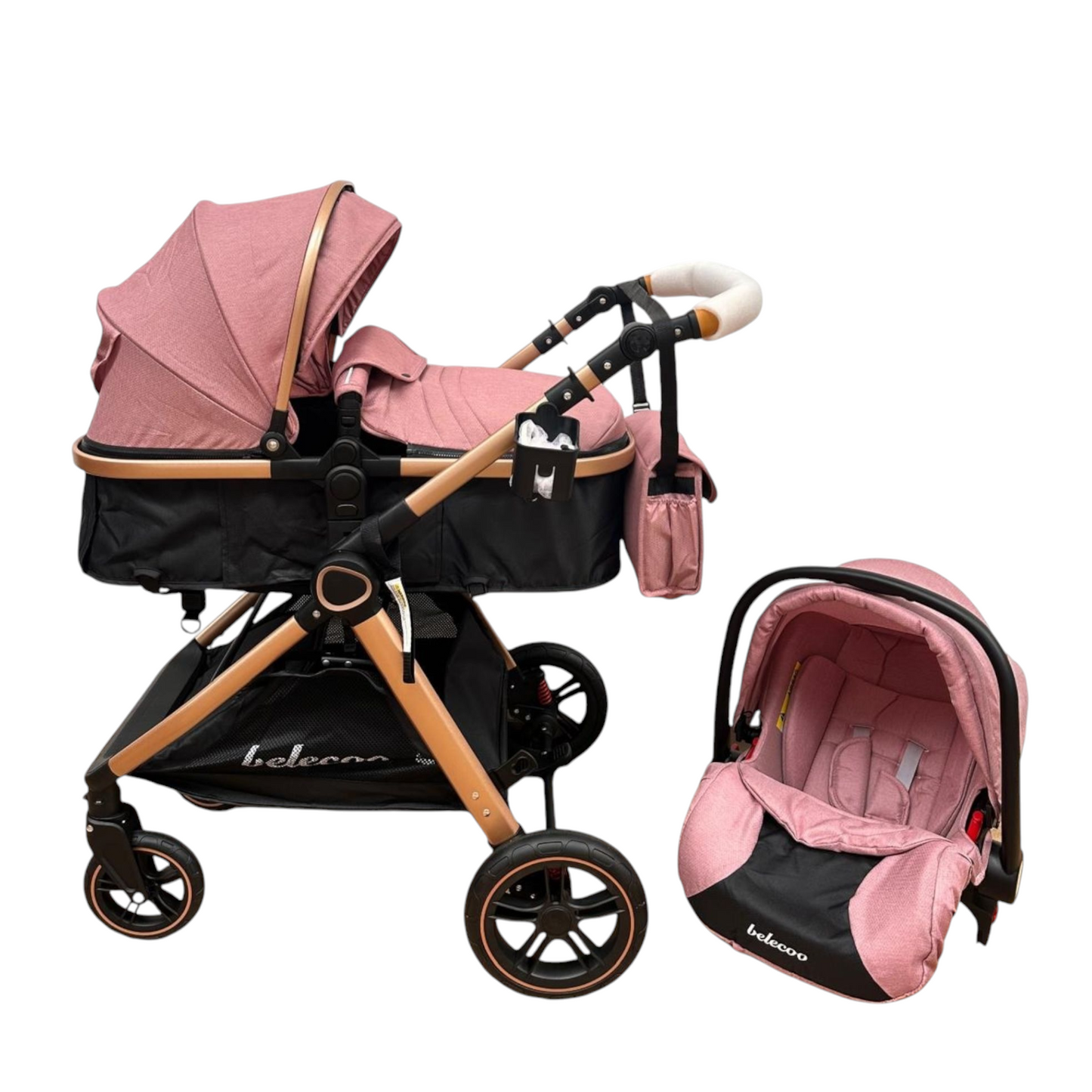 Carucior 3 in 1 Belecoo XID cu landou transformabil,pliere compacta reversibil, recomandat 0-36 luni culoare Roz/Negru  BBDXID3ROZNEGRU