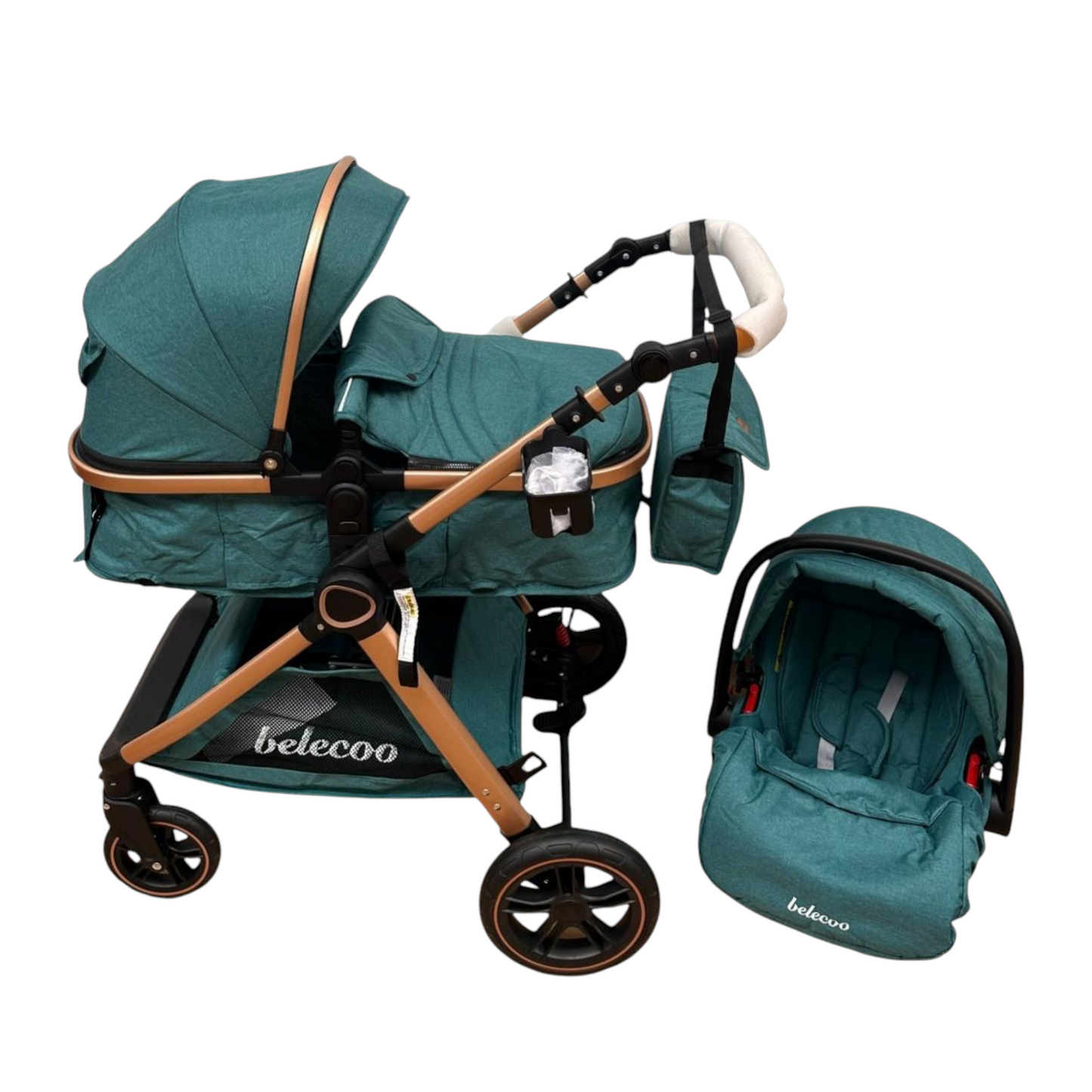 Carucior 3 in 1 Belecoo XID cu landou transformabil,pliere compacta reversibil, recomandat 0-36 luni culoare Verde , BBDXID3VERDE