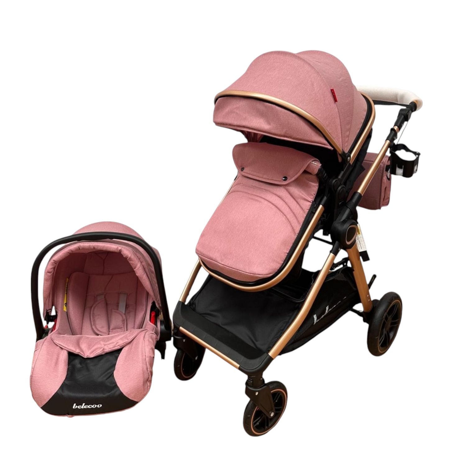 Carucior 3 in 1 Belecoo XID cu landou transformabil,pliere compacta reversibil, recomandat 0-36 luni culoare Roz/Negru  BBDXID3ROZNEGRU