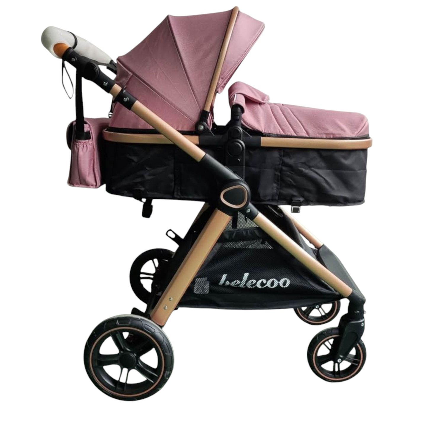 Carucior 2 in 1 Belecoo XID, cu inchidere compacta, 0-36 luni, reversibil Roz/ Negru