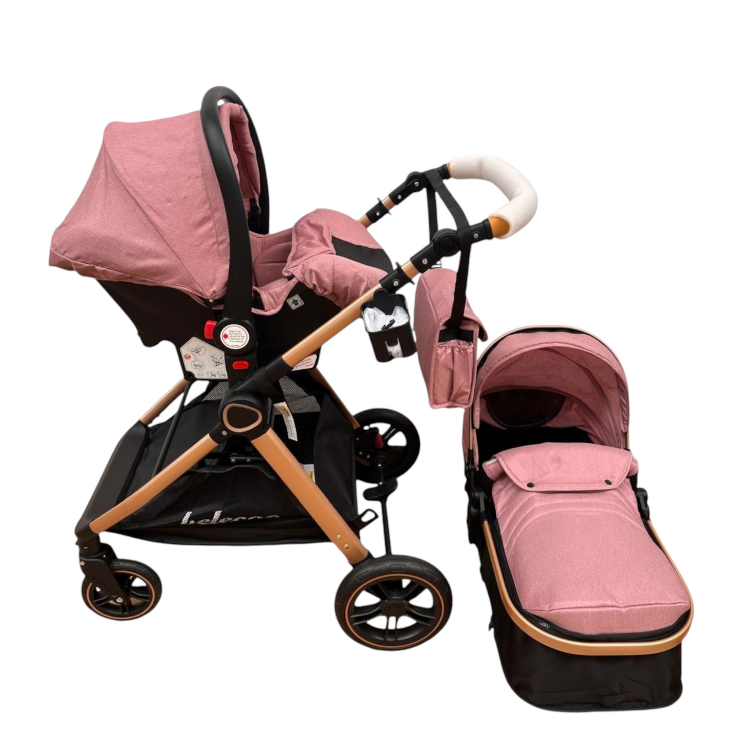 Carucior 3 in 1 Belecoo XID cu landou transformabil,pliere compacta reversibil, recomandat 0-36 luni culoare Roz/Negru  BBDXID3ROZNEGRU