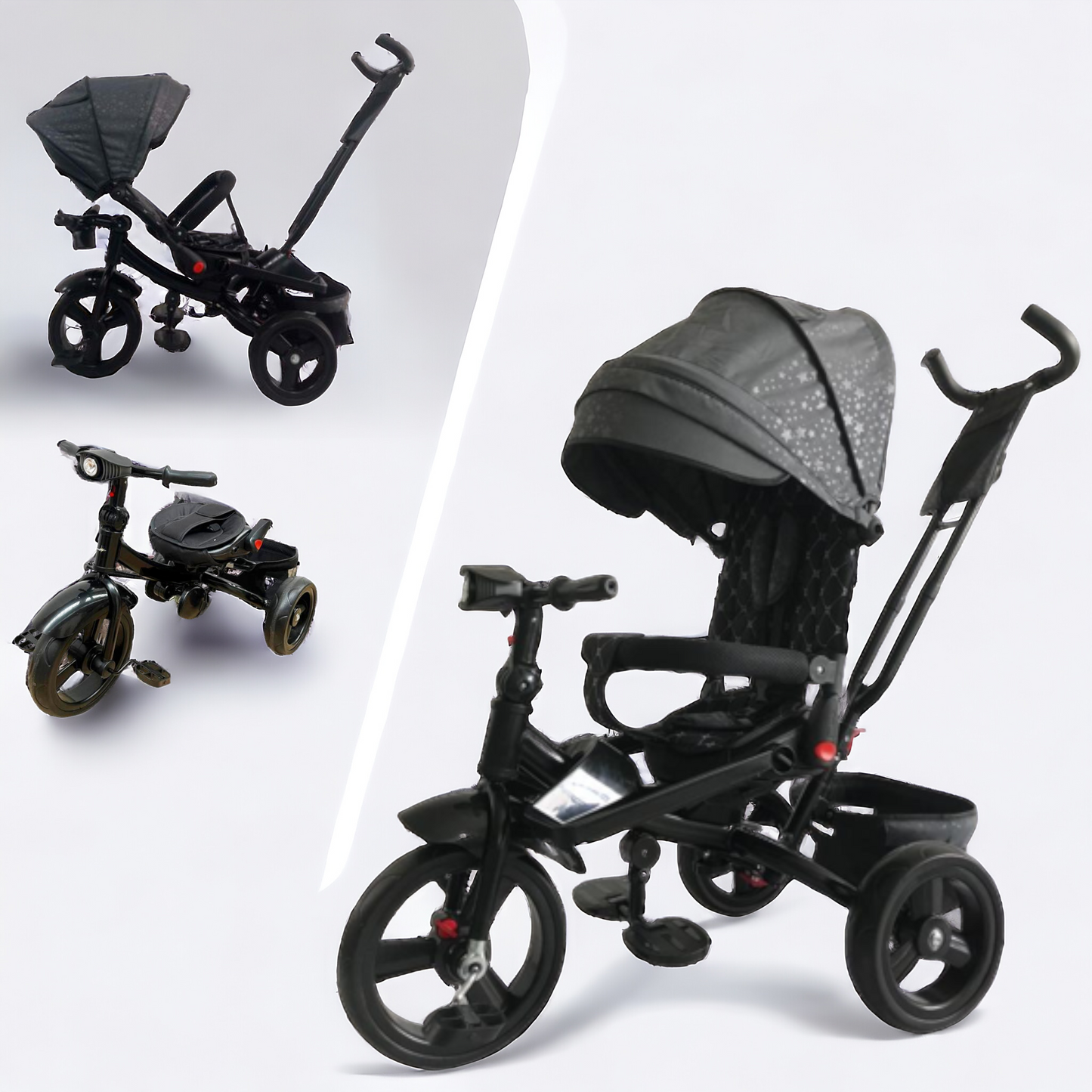 Tricicleta  plus 8 luni evolutiva, cu pozitie de somn, scaun rotativ si muzica distractiva, culoare GRI STEA,