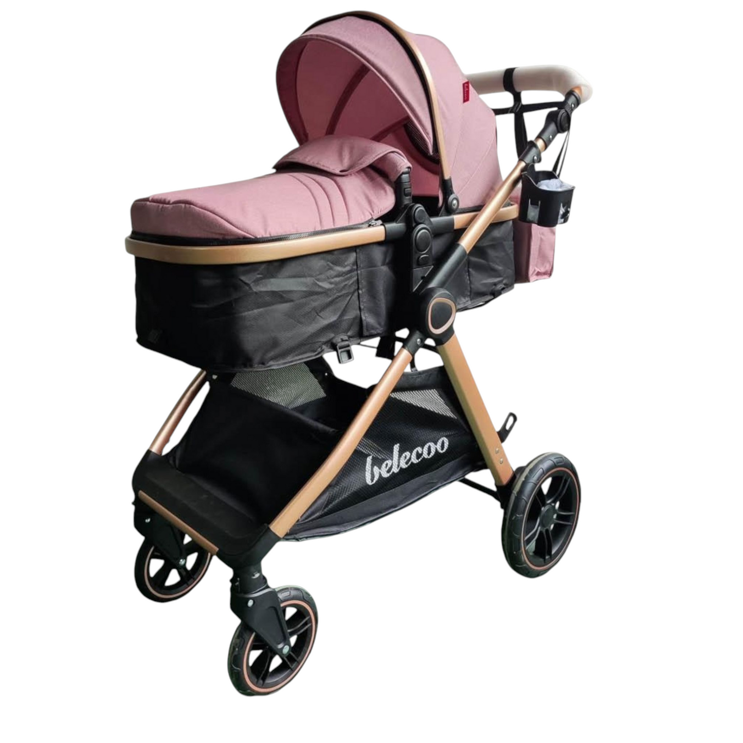 Carucior 2 in 1 Belecoo XID, cu inchidere compacta, 0-36 luni, reversibil Roz/ Negru