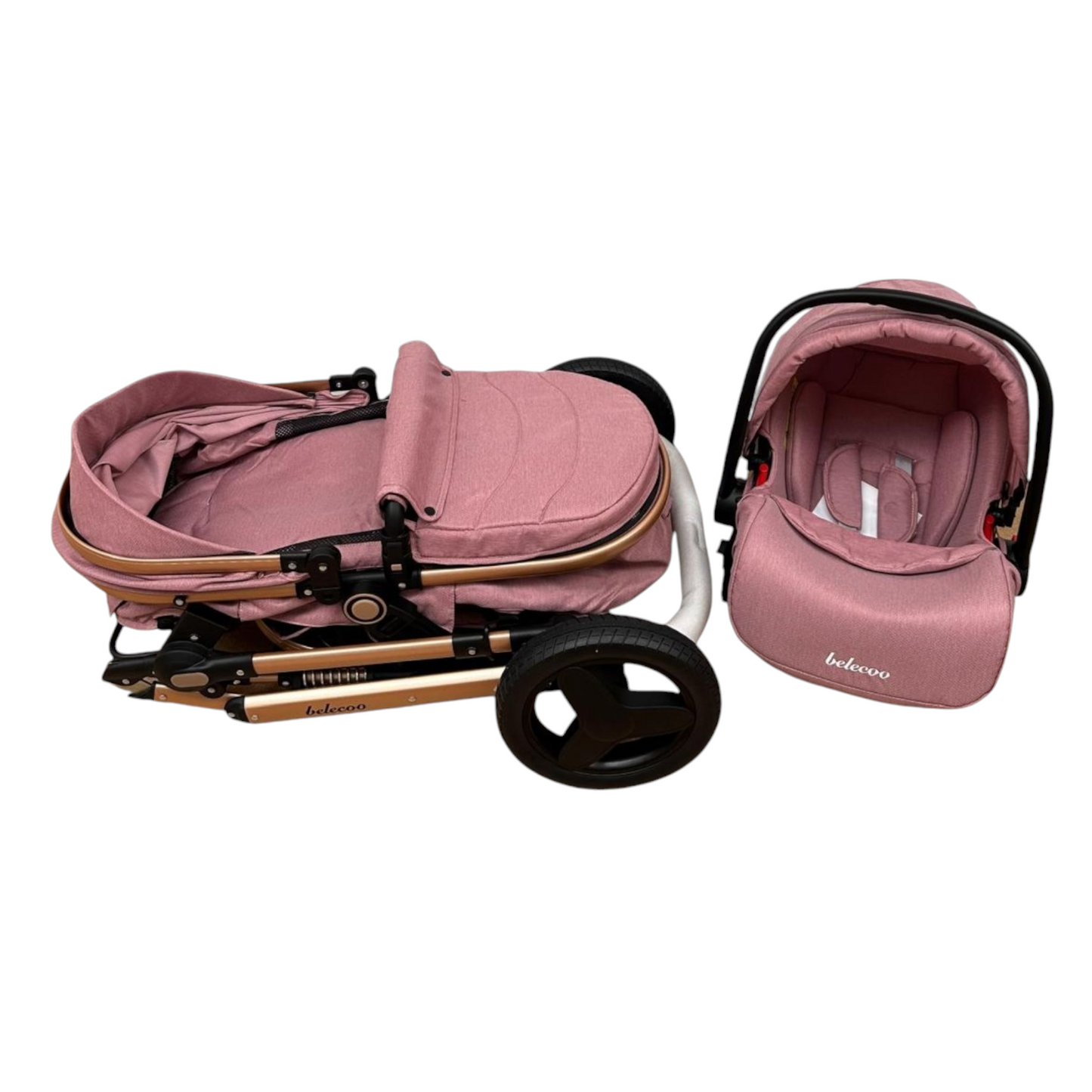 Carucior Belecoo 3 in 1 cu suspensii si roti cauciuc plin, reversibil, accesorizat culoare Crem , BBD530WT
