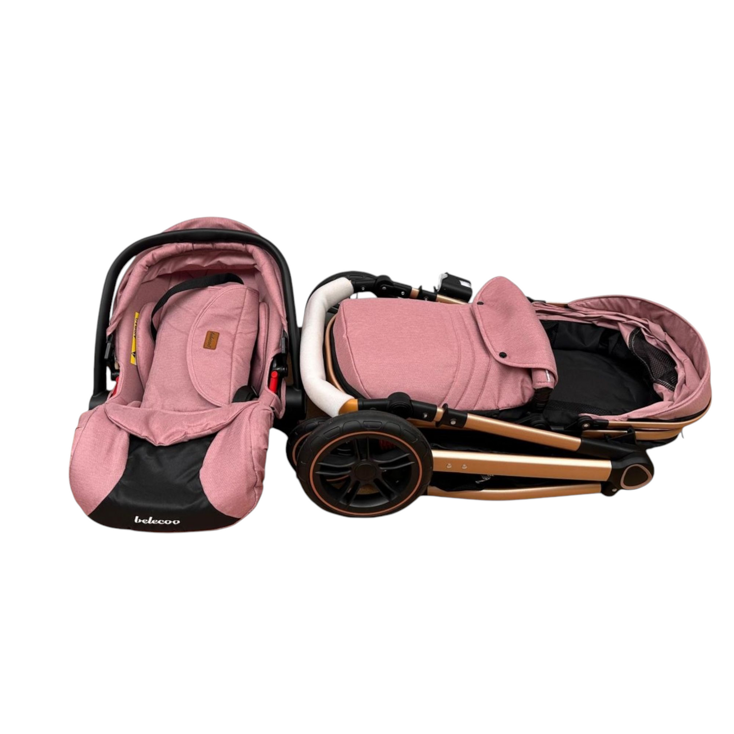 Carucior 3 in 1 Belecoo XID cu landou transformabil,pliere compacta reversibil, recomandat 0-36 luni culoare Roz/Negru  BBDXID3ROZNEGRU
