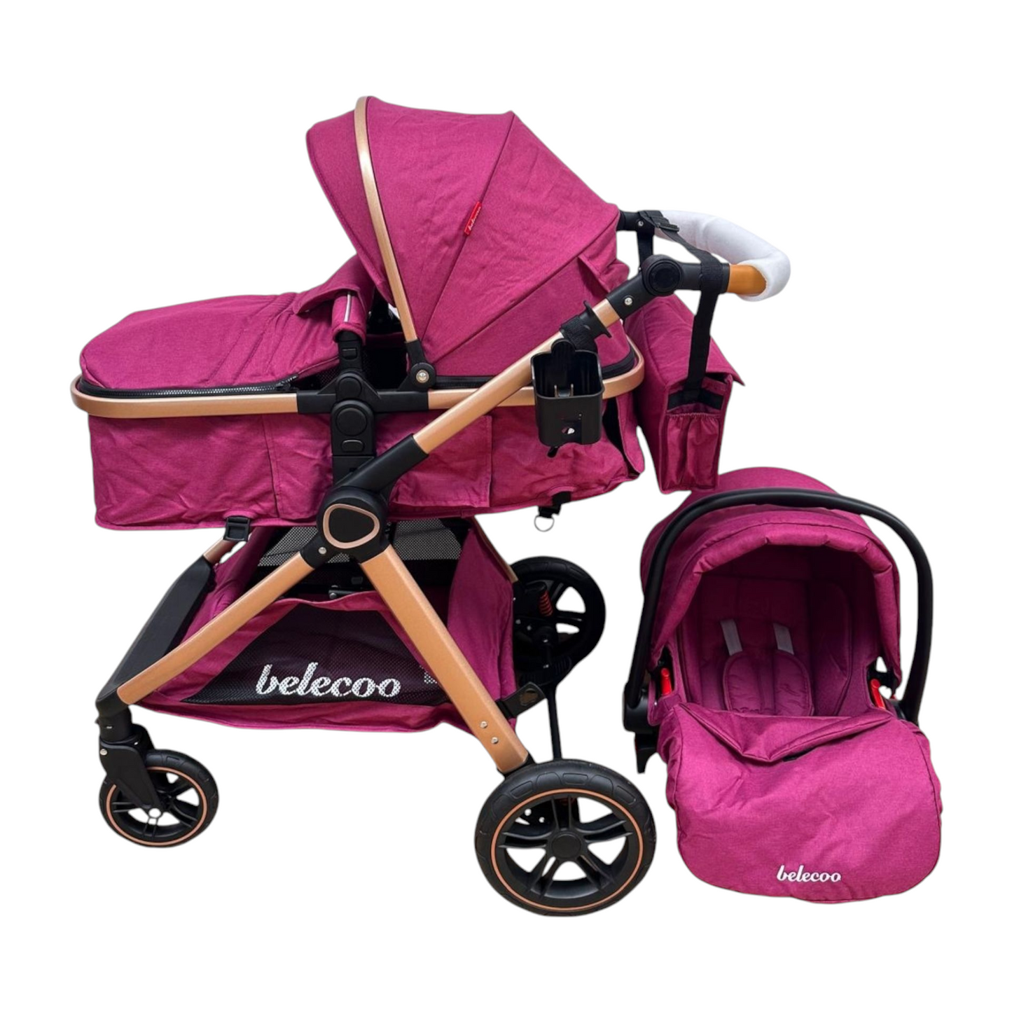 Carucior 3 in 1 Belecoo XID cu landou transformabil,pliere compacta reversibil, recomandat 0-36 luni culoare Mov , BBDXID3MOV