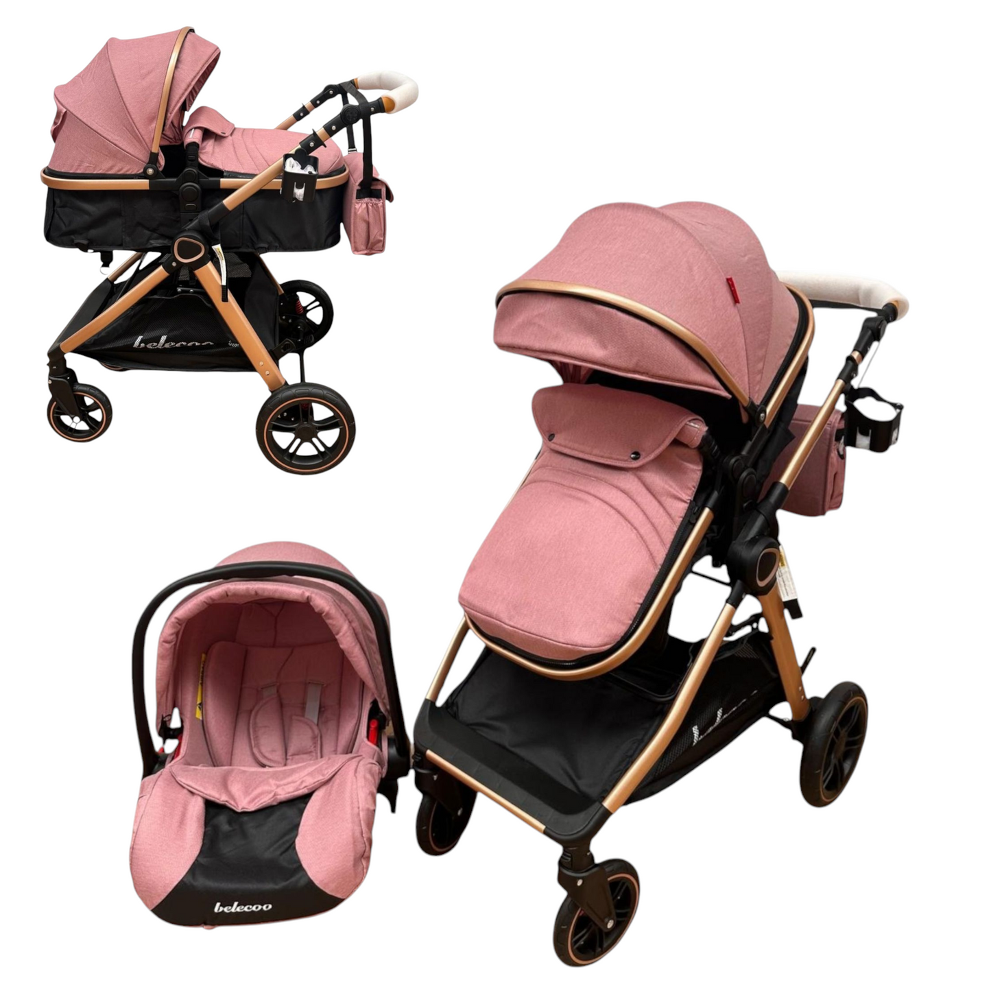 Carucior 3 in 1 Belecoo XID cu landou transformabil,pliere compacta reversibil, recomandat 0-36 luni culoare Roz/Negru  BBDXID3ROZNEGRU