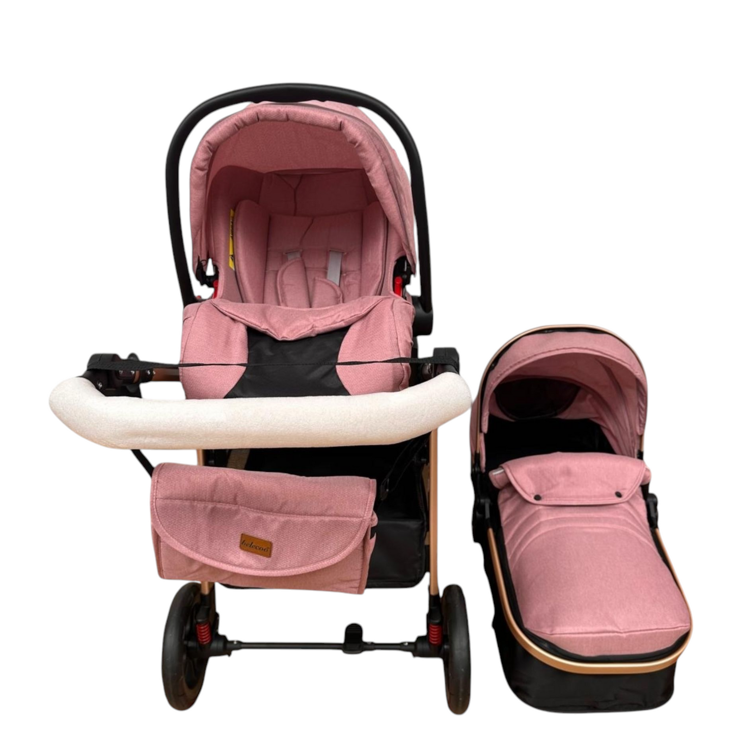 Carucior 3 in 1 Belecoo XID cu landou transformabil,pliere compacta reversibil, recomandat 0-36 luni culoare Roz/Negru  BBDXID3ROZNEGRU