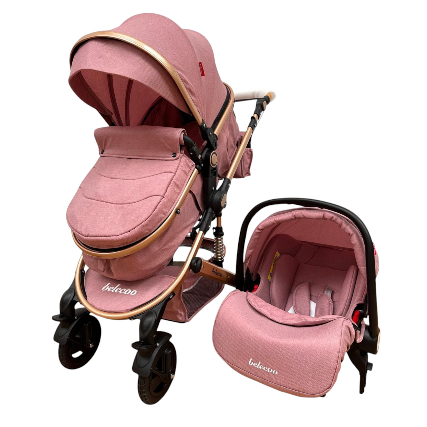 Carucior Belecoo 3 in 1 cu suspensii si roti cauciuc plin, reversibil, accesorizat culoare Roz, BBD530WT