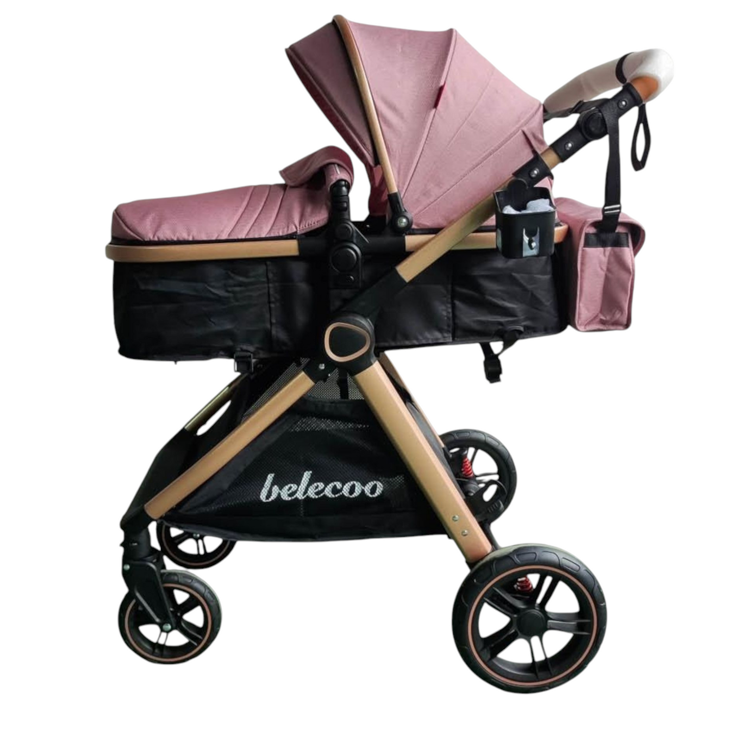 Carucior 2 in 1 Belecoo XID, cu inchidere compacta, 0-36 luni, reversibil Roz/ Negru