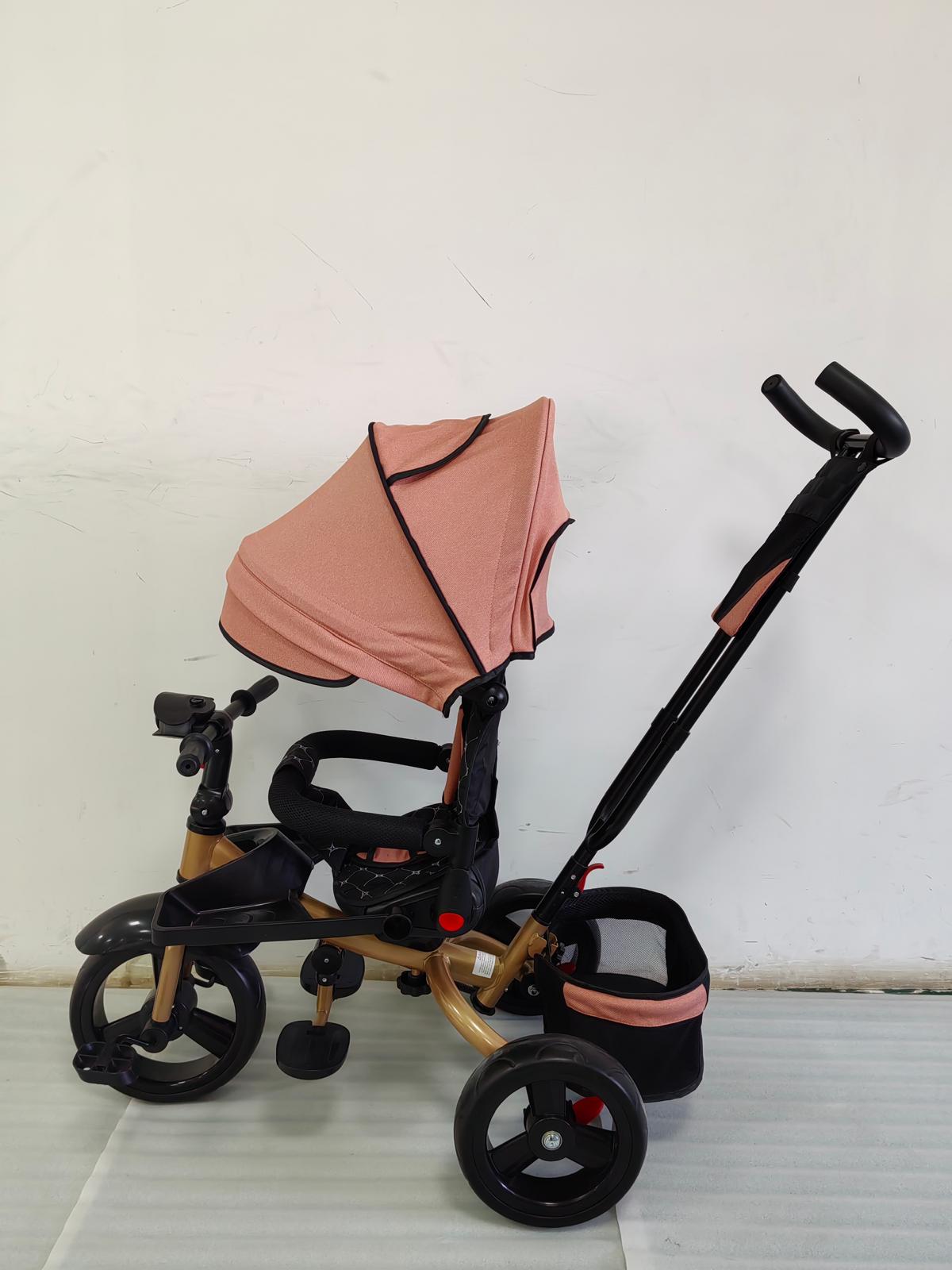 Tricicleta cu pozitie de somn, scaun rotativ si muzica distractiva, Roz Somon