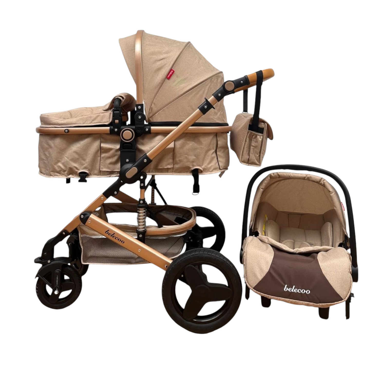 Carucior Belecoo 3 in 1 cu suspensii si roti cauciuc plin, reversibil, accesorizat culoare Crem , BBD530WT