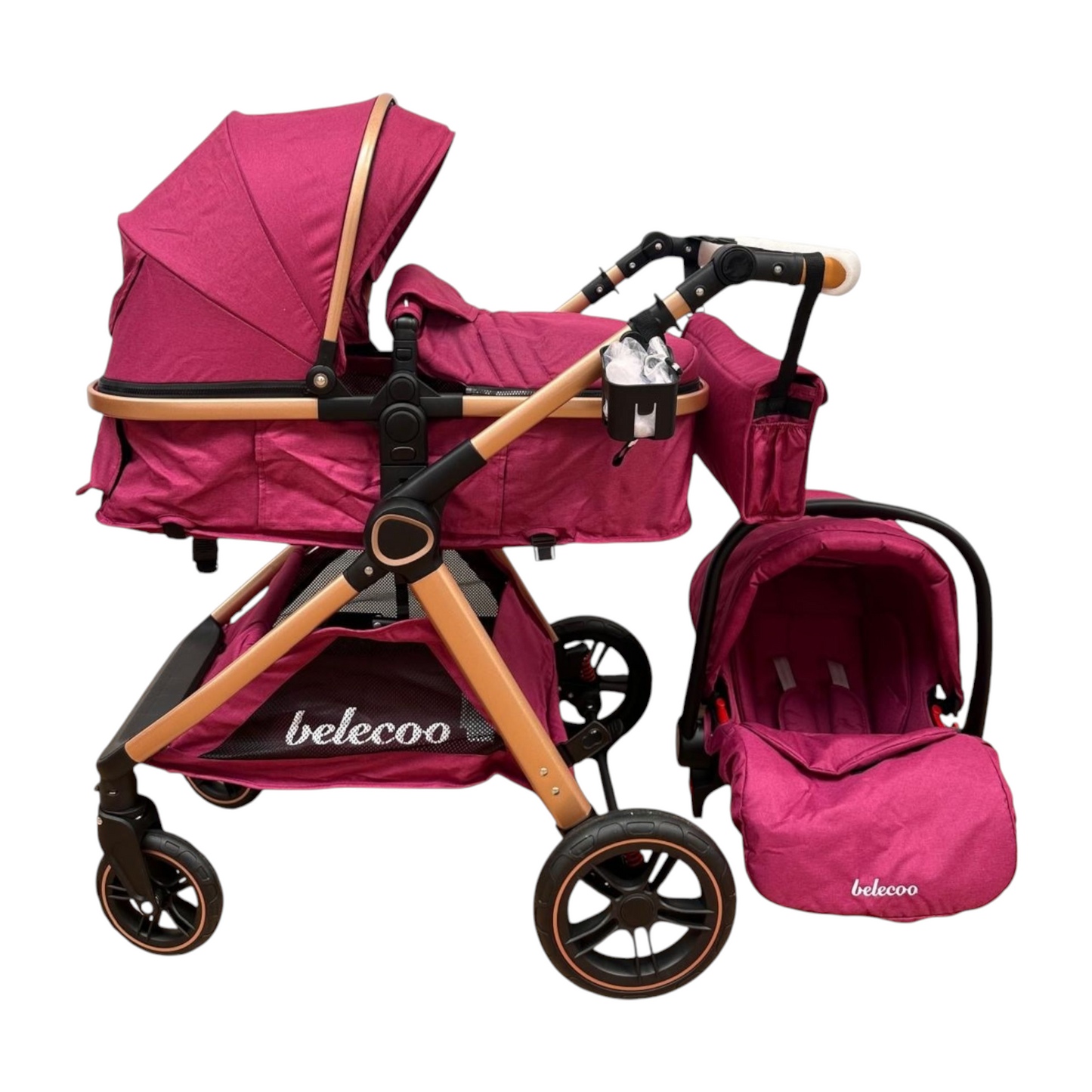 Carucior 3 in 1 Belecoo XID cu landou transformabil,pliere compacta reversibil, recomandat 0-36 luni culoare Mov , BBDXID3MOV