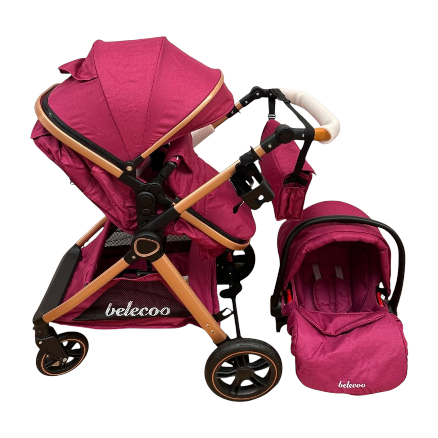 Carucior 3 in 1 Belecoo XID cu landou transformabil,pliere compacta reversibil, recomandat 0-36 luni culoare Mov , BBDXID3MOV