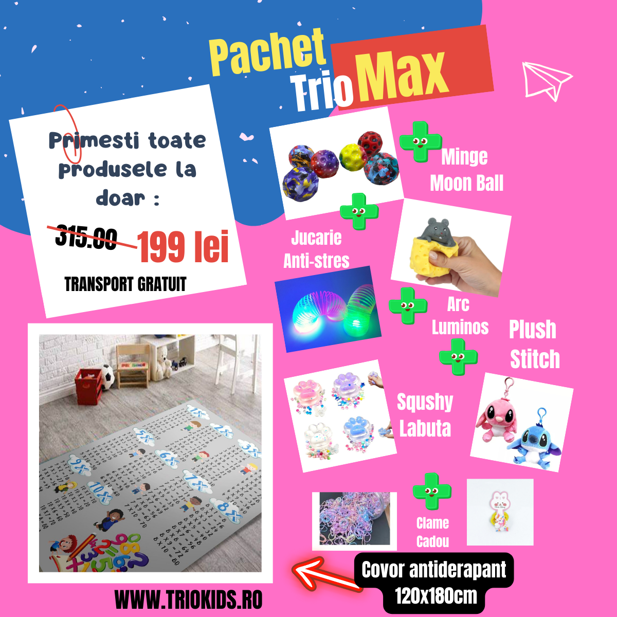 Pachet TRIO MAX Covor Tabla inmultirii gri , marime 120x180 cm si 5 Jucarii interactive +CADOU